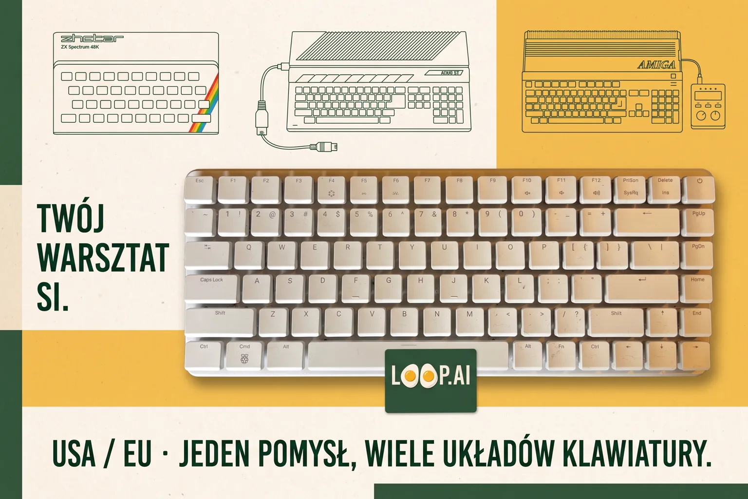 AI visualisation: Pi 500+ on a graphic poster with retro-computer drawings. The sticker overlaps below the space bar.
