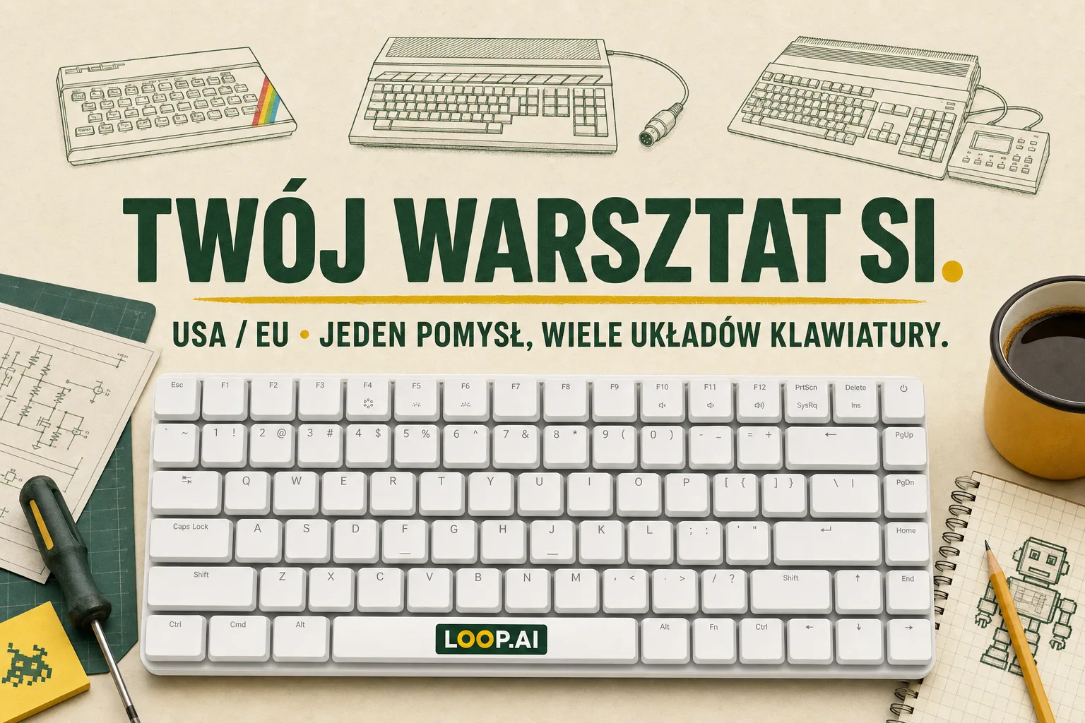 AI visualisation: Pi 500+ on a workshop poster with ZX Spectrum, Atari ST and Amiga drawings; the L00P.AI sticker is on the space bar.