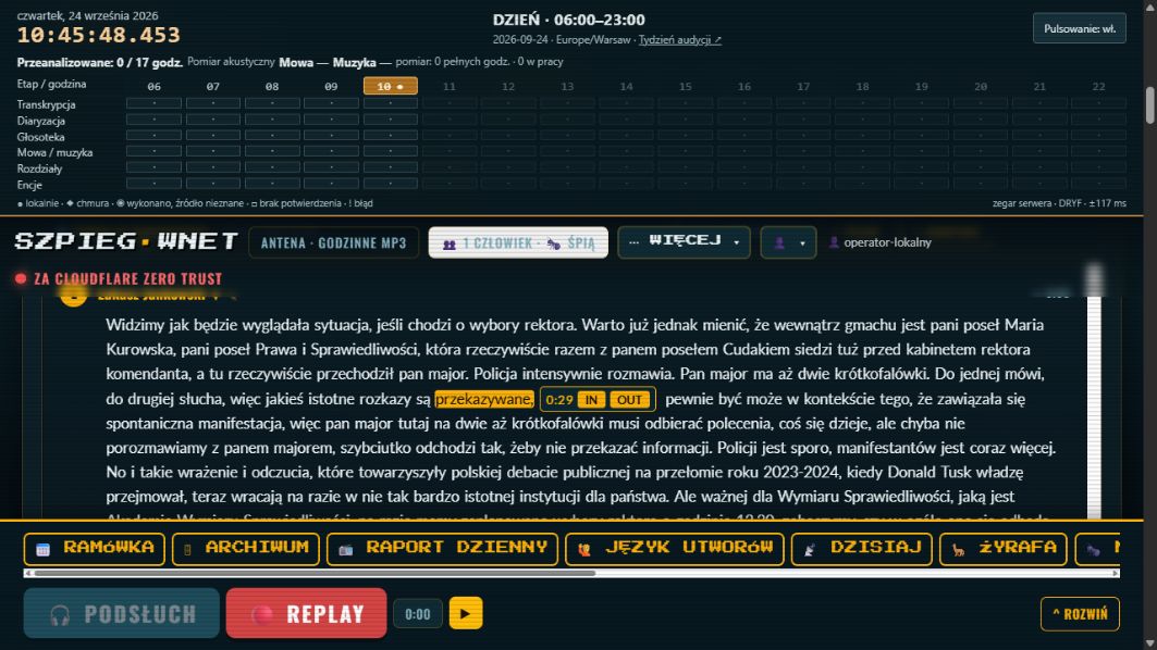 Szpieg+ na ZBooku: podświetlone słowo z czasem i przyciskami IN oraz OUT.